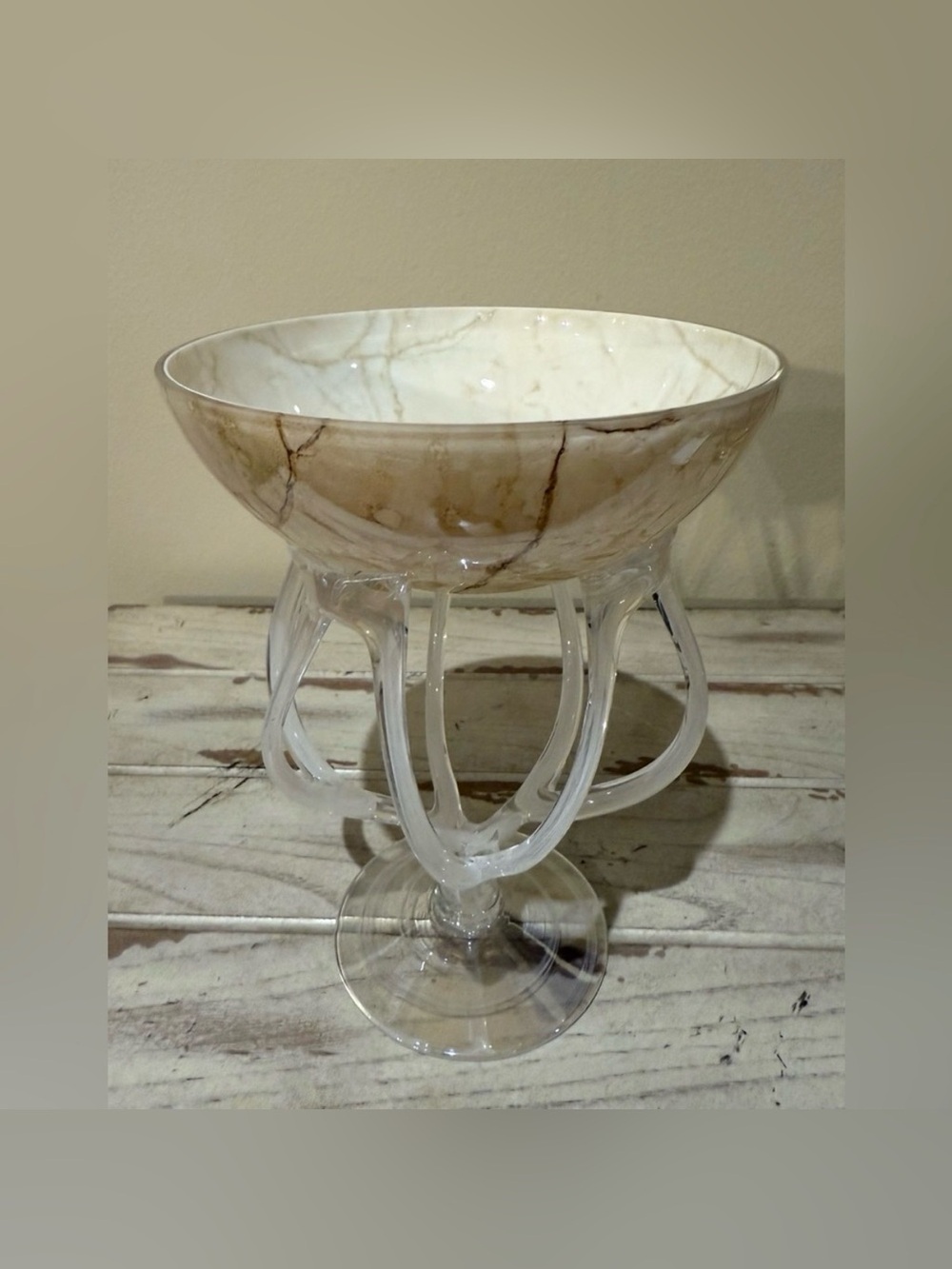 Jozefina Krosno Hand Blown Art Glass Octopus Jellyfish Compote Marbled Dish Bowl